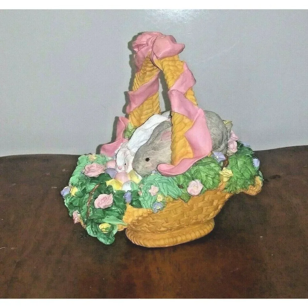 Spring Easter Garden Rabbits Bunny Bunnies in BASKET STATUE figurine resin 7.5